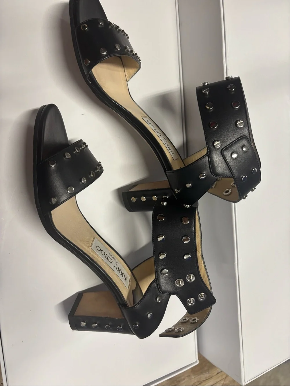 Jimmy Choo Black Studded Leather Ankle-Strap Block Heels
